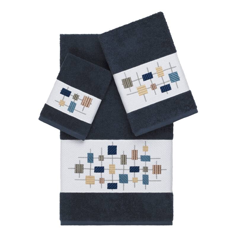 Authentic Hotel and Spa Turkish Cotton Squares Embroidered Midnight Blue 3-piece Towel Set