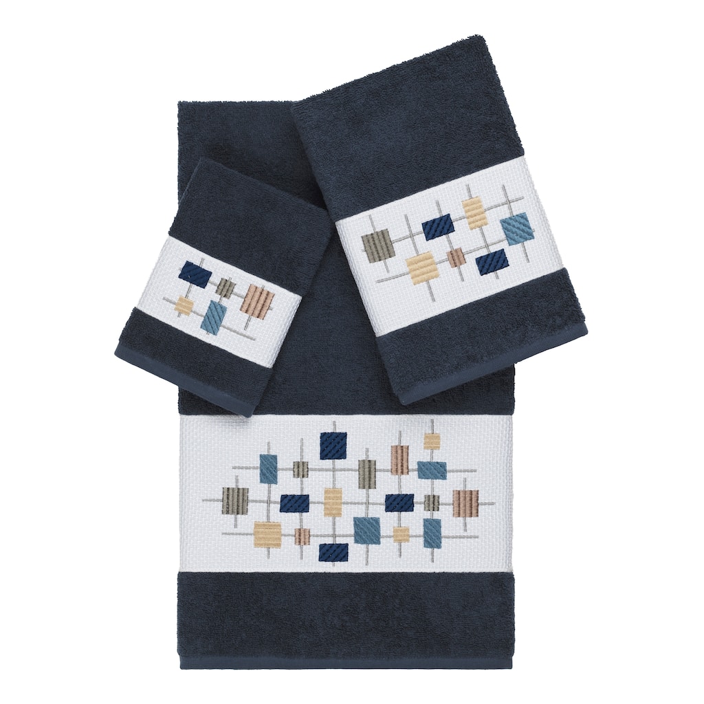 Authentic Hotel and Spa Turkish Cotton Squares Embroidered Midnight Blue 3-piece Towel Set