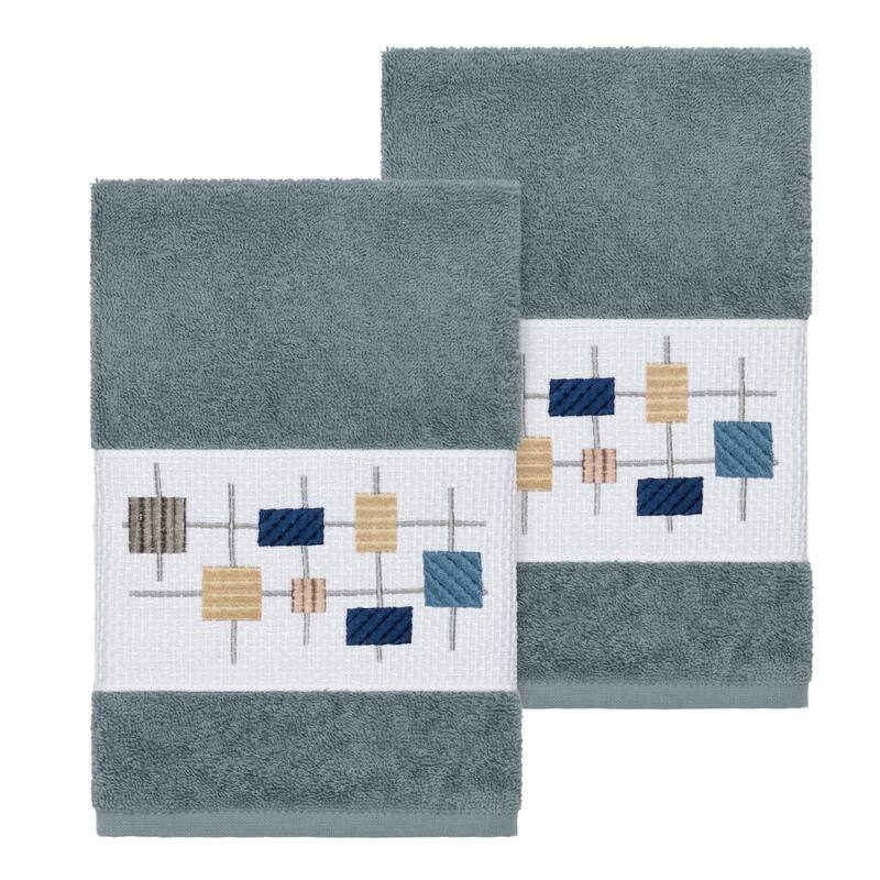 Authentic Hotel and Spa Turkish Cotton Squares Embroidered Teal Blue 2-piece Towel Hand Set