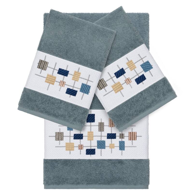 Authentic Hotel and Spa Turkish Cotton Squares Embroidered Teal Blue 3-piece Towel Set