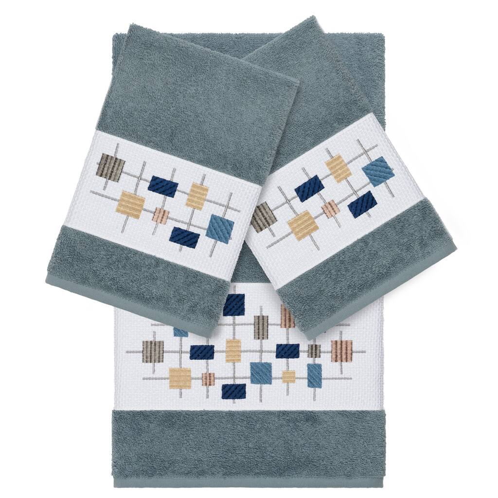 Authentic Hotel and Spa Turkish Cotton Squares Embroidered Teal Blue 3-piece Towel Set