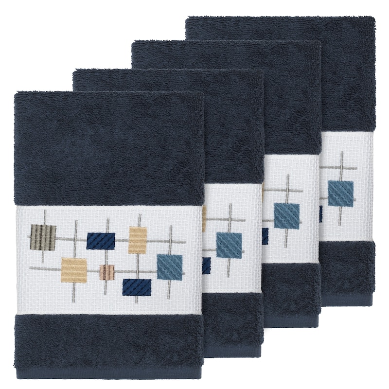 Authentic Hotel and Spa Turkish Cotton Squares Embroidered Midnight Blue 4-piece Hand Towel Set