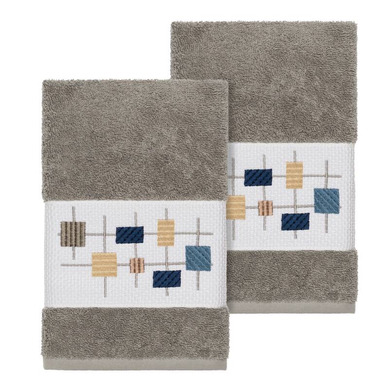 Authentic Hotel and Spa Turkish Cotton Squares Embroidered Dark Grey 2-piece Towel Hand Set