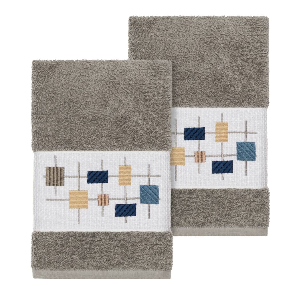 Authentic Hotel and Spa Turkish Cotton Squares Embroidered Dark Grey 2-piece Towel Hand Set