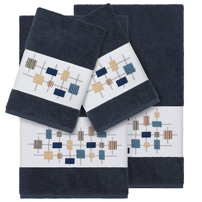 Authentic Hotel and Spa Turkish Cotton Squares Embroidered Midnight Blue 4-piece Towel Set