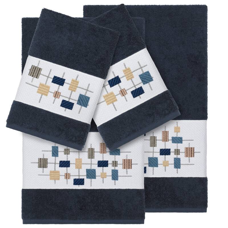 Authentic Hotel and Spa Turkish Cotton Squares Embroidered Midnight Blue 4-piece Towel Set - Navy Blue