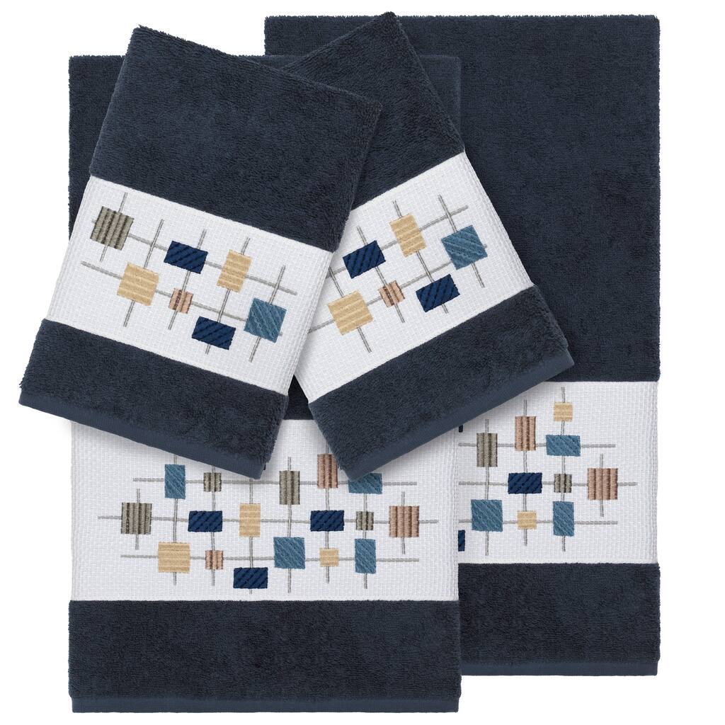 Authentic Hotel and Spa Turkish Cotton Squares Embroidered Midnight Blue 4-piece Towel Set