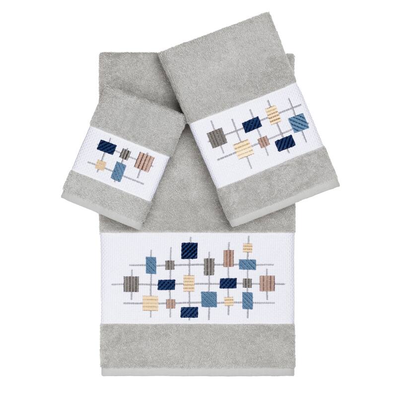 Authentic Hotel and Spa Turkish Cotton Squares Embroidered Light Grey 3-piece Towel Set