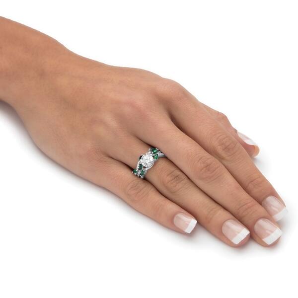 Platinum over Sterling Silver Round Cubic Zirconia with Marquise Green Emerald Twisted Vine Bridal Ring Set