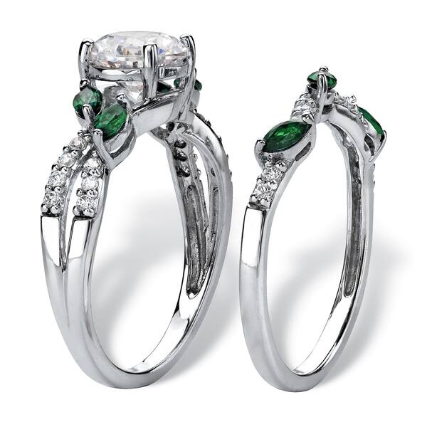 Platinum over Sterling Silver Round Cubic Zirconia with Marquise Green Emerald Twisted Vine Bridal Ring Set