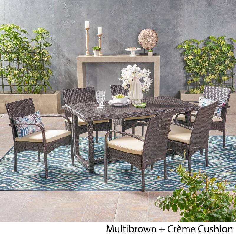 Harlowe Outdoor 7 Piece Wicker Dining Set with Cushions by Christopher Knight Home - multi brown + cre`me cushion