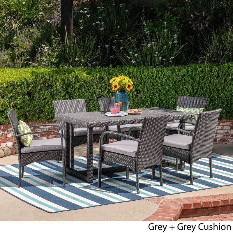 Harlowe Outdoor 7 Piece Wicker Dining Set with Cushions by Christopher Knight Home - grey + grey cushion