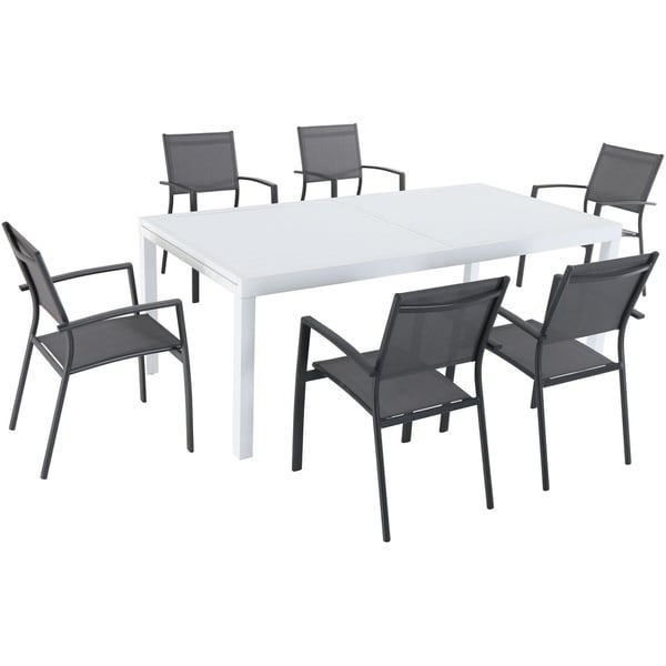 Hanover Del Mar 7-Piece Outdoor Dining Set with 6 Sling Chairs in Gray and a 40" x 118" Expandable Dining Table
