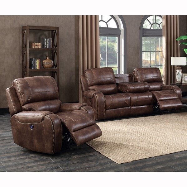 Spencer Buckskin Brown Reclining Sofa And Recliner Chair Spencer Buckskin Brown Reclining Sofa And Recliner Chair With Nailhead Trim