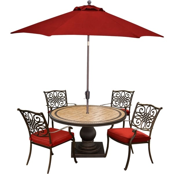 Hanover Monaco 5-Piece Dining Set in Red with 4 Cushioned Dining Chairs, a 51-Inch Tile-Top Table, and a 9-Foot Umbrella