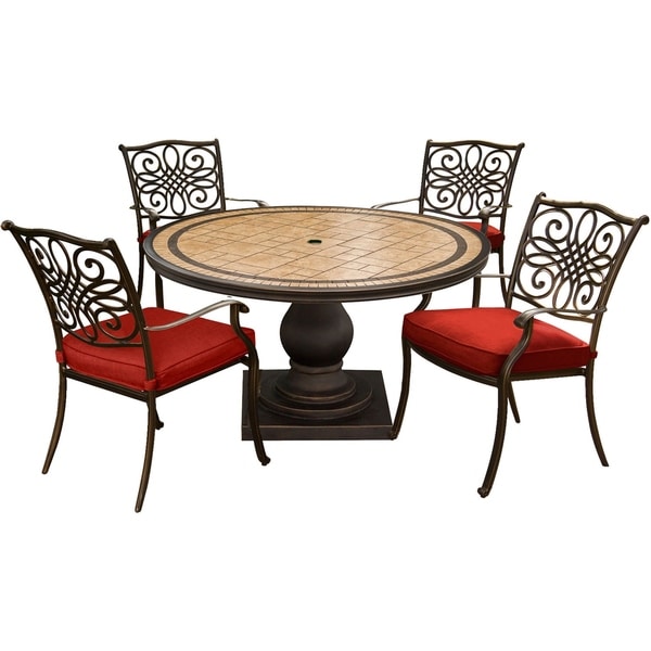 Hanover Monaco 5-Piece Dining Set in Red with 4 Cushioned Dining Chairs and a 51 In. Tile-Top Table
