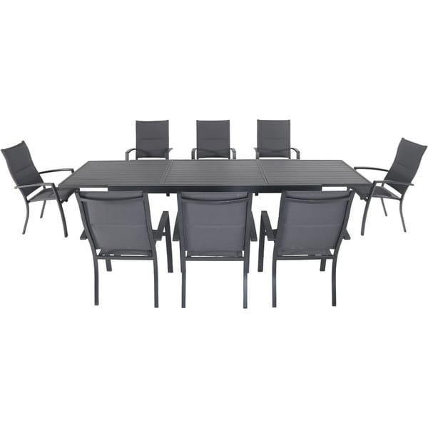 Hanover Naples 9-Piece Outdoor Dining Set with 8 Padded Sling Chairs in Gray and a 40" x 118" Expandable Dining Table