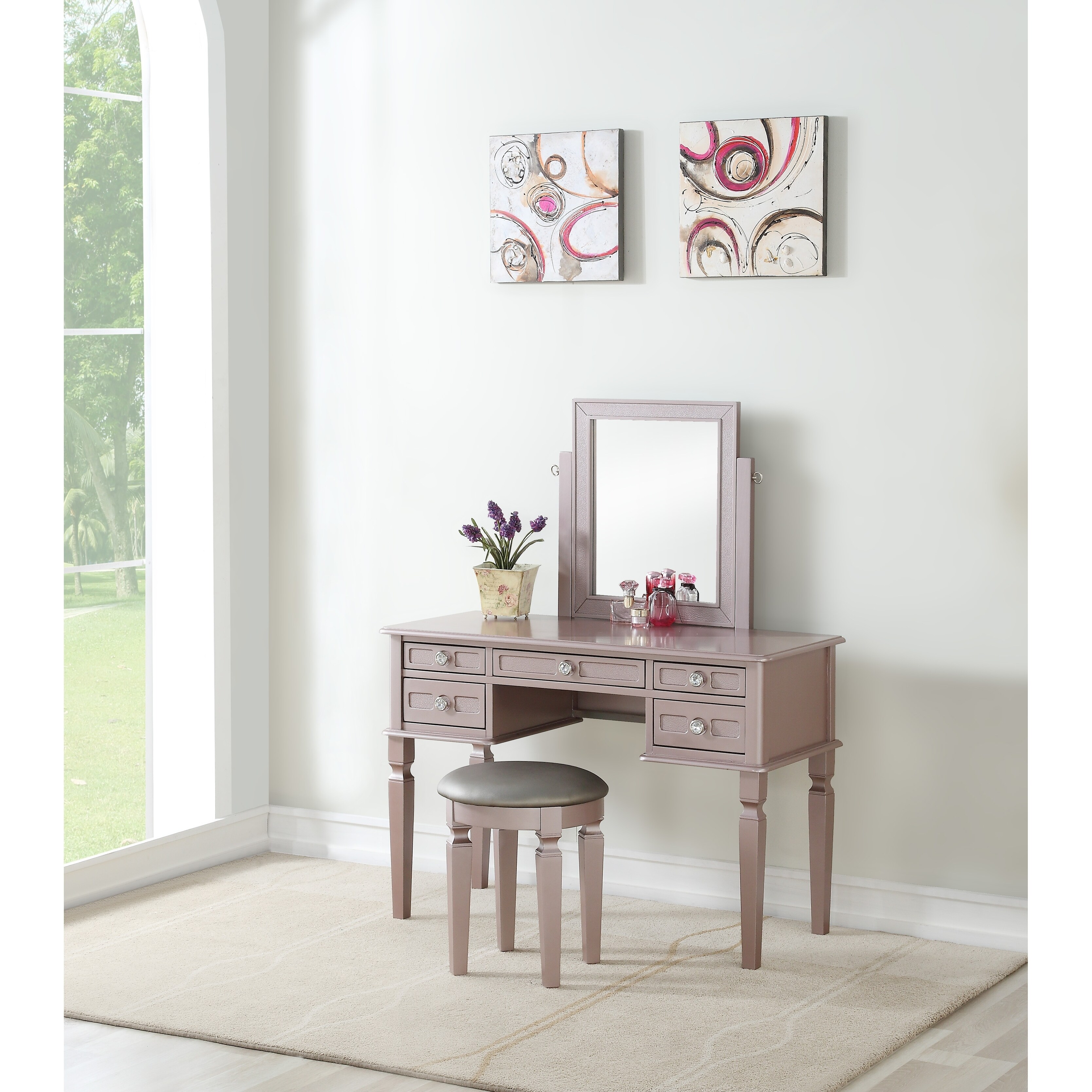 Bobkona Rectangular Shape Mirror Vanity Set W Stool And 5 Drawers On Sale Overstock 21893478