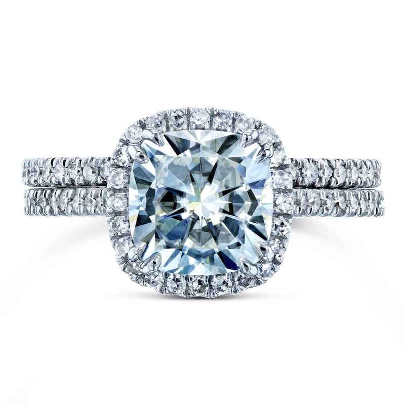Annello by Kobelli 14k Gold 2 3/8ct TGW Forever One Moissanite and Diamond Cushion Halo Bridal Rings Set (DEF/VS, GH/I)