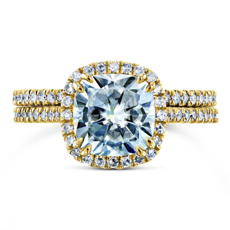Annello by Kobelli 14k Gold 2 3/8ct TGW Forever One Moissanite and Diamond Cushion Halo Bridal Rings Set (DEF/VS, GH/I)