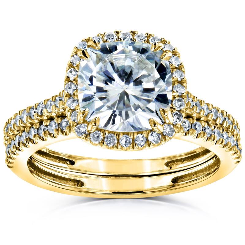 Annello by Kobelli 14k Gold 2 3/8ct TGW Moissanite/Diamond Cushion Halo Bridal Rings Set - 10 - Yellow