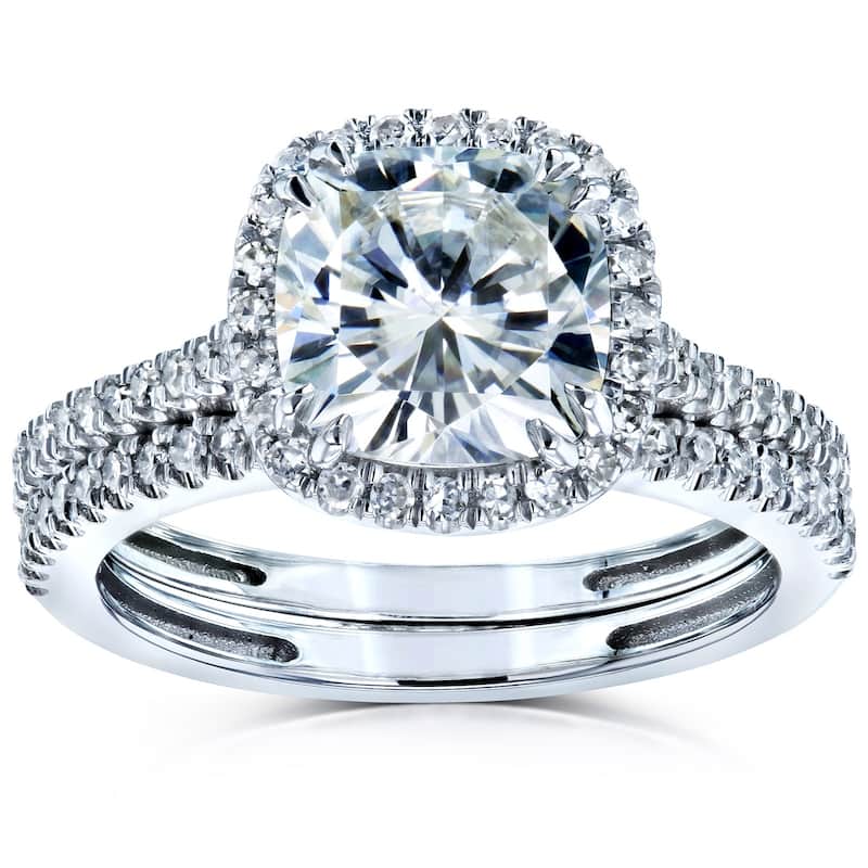 Annello by Kobelli 14k Gold 2 3/8ct TGW Moissanite/Diamond Cushion Halo Bridal Rings Set - 9 - White