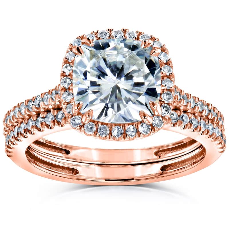 Annello by Kobelli 14k Gold 2 3/8ct TGW Moissanite/Diamond Cushion Halo Bridal Rings Set - 7.5 - Rose