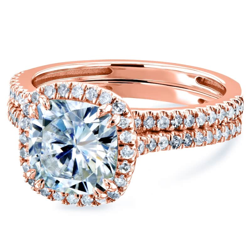 Annello by Kobelli 14k Gold 2 3/8ct TGW Moissanite/Diamond Cushion Halo Bridal Rings Set