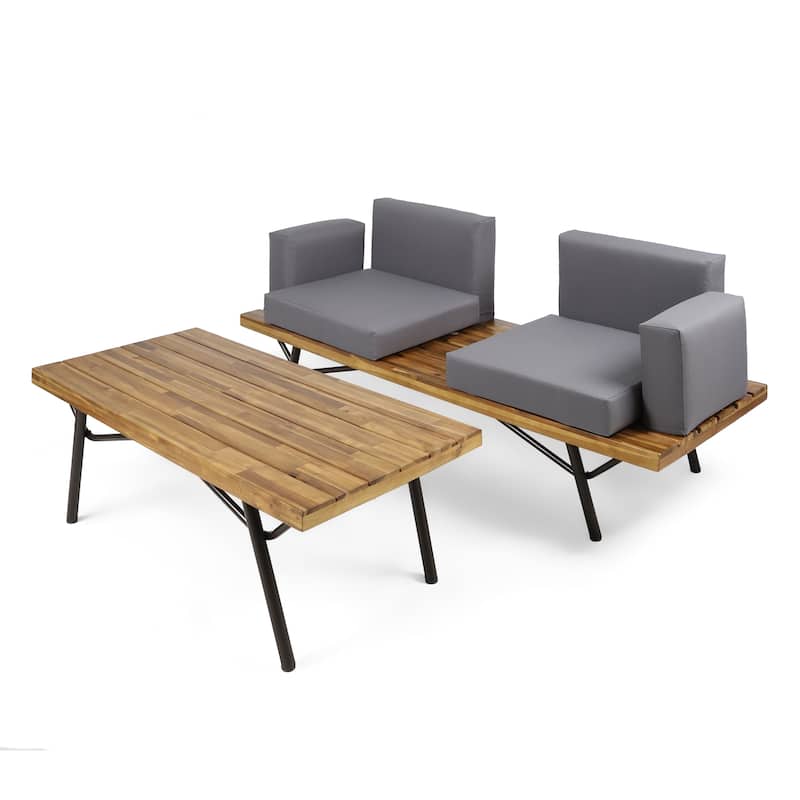 Canoga Outdoor Industrial Loveseat with Coffee Table by Christopher Knight Home - teak finish + dark grey