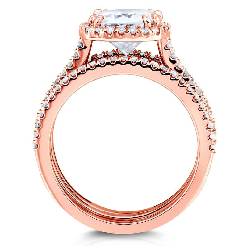 Annello by Kobelli 14k Gold 2 1/2ct TGW Forever One Moissanite and Diamond Cushion Halo 3-Piece Bridal Rings Set (DEF/VS, GH/I)