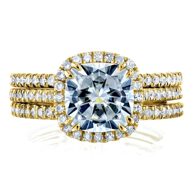 Annello by Kobelli 14k Gold 2 1/2ct TGW Forever One Moissanite and Diamond Cushion Halo 3-Piece Bridal Rings Set (DEF/VS, GH/I)