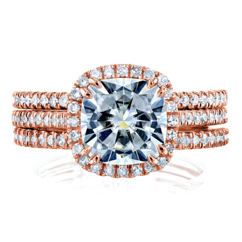 Annello by Kobelli 14k Gold 2 1/2ct TGW Forever One Moissanite and Diamond Cushion Halo 3-Piece Bridal Rings Set (DEF/VS, GH/I)