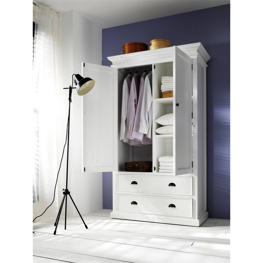 NovaSolo Halifax Coastal White Wardrobe with 2 Doors 2 Drawers | Solid Mahogany Frame | 43.31 x 21.65 x 74.8 - N/A