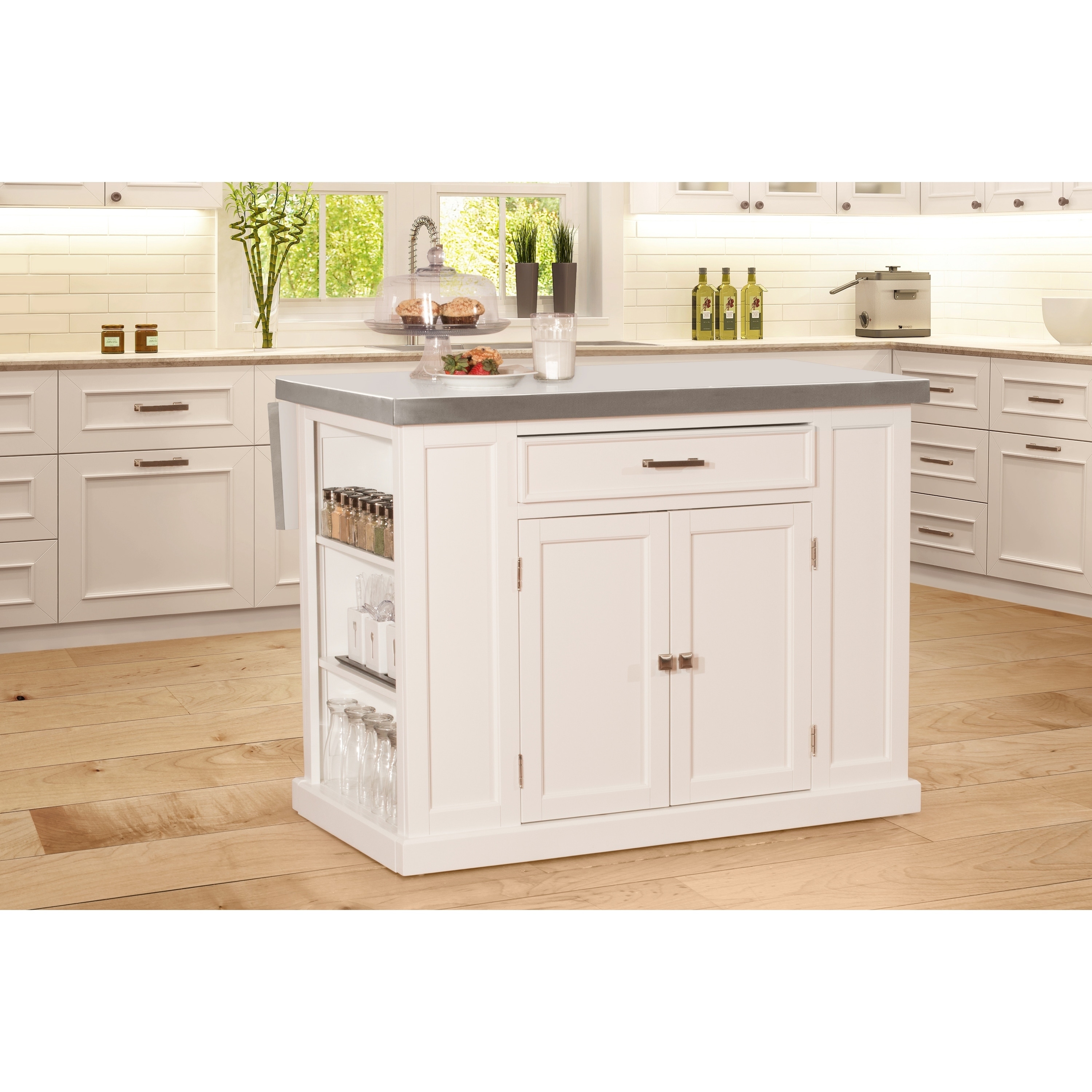 Flemington Kitchen Island In White With Stainless Steel Top By