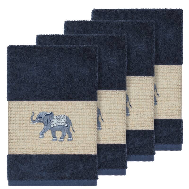 Authentic Hotel and Spa Turkish Cotton Elephants Embroidered Midnight Blue 4-piece Hand Towel Set