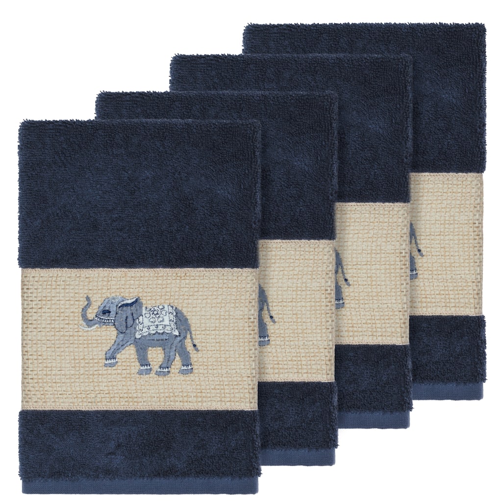 Authentic Hotel and Spa Turkish Cotton Elephants Embroidered Midnight Blue 4-piece Hand Towel Set