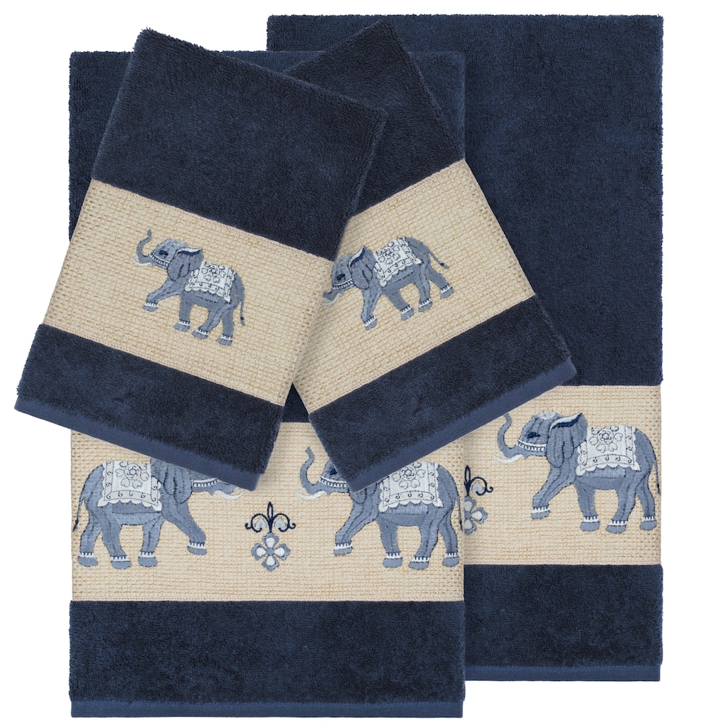 Authentic Hotel and Spa Turkish Cotton Elephants Embroidered Midnight Blue 4-piece Towel Set