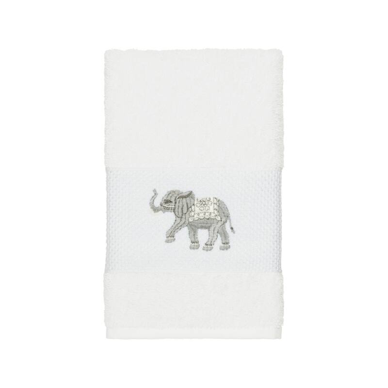 Authentic Hotel and Spa Turkish Cotton Elephants Embroidered White Hand Towel - White