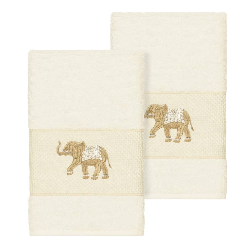 Authentic Hotel and Spa Turkish Cotton Elephants Embroidered Cream 2-piece Towel Hand Set