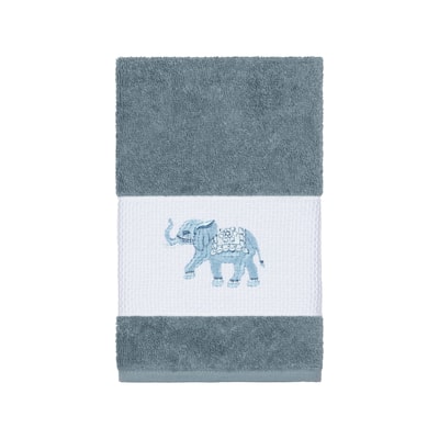 Authentic Hotel and Spa Turkish Cotton Elephants Embroidered Teal Blue Hand Towel