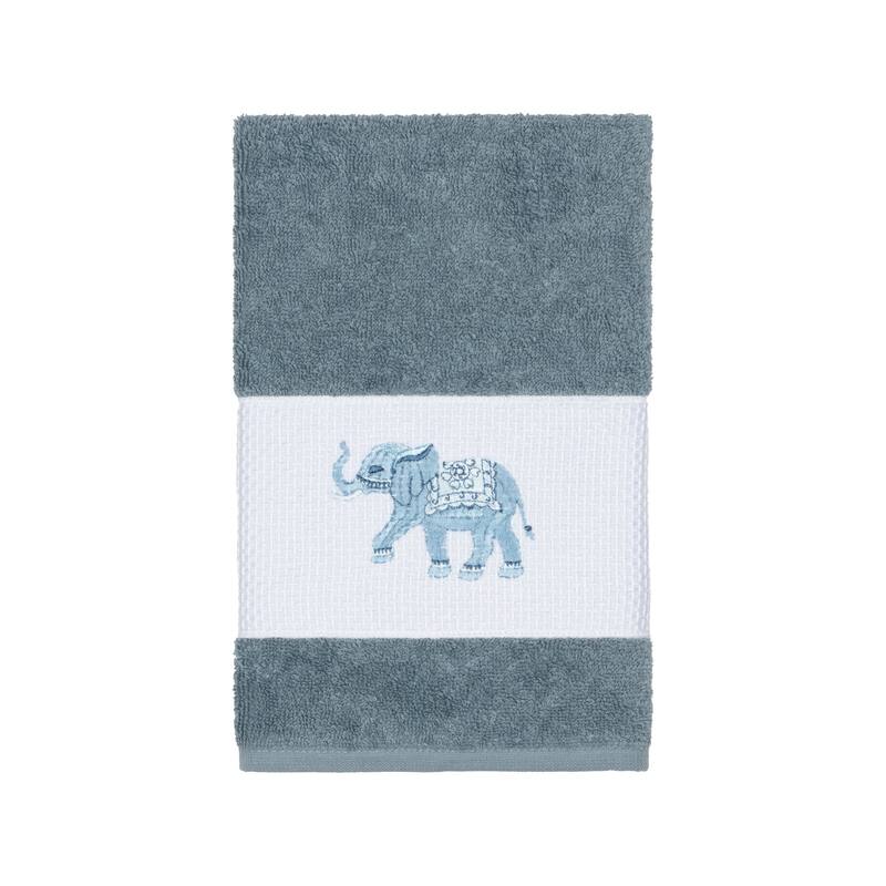 Authentic Hotel and Spa Turkish Cotton Elephants Embroidered Teal Blue Hand Towel