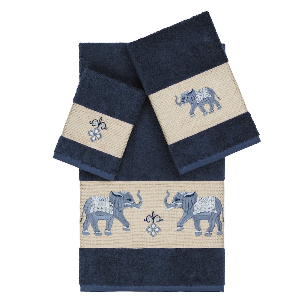 Authentic Hotel and Spa Turkish Cotton Elephants Embroidered Midnight Blue 3-piece Towel Set