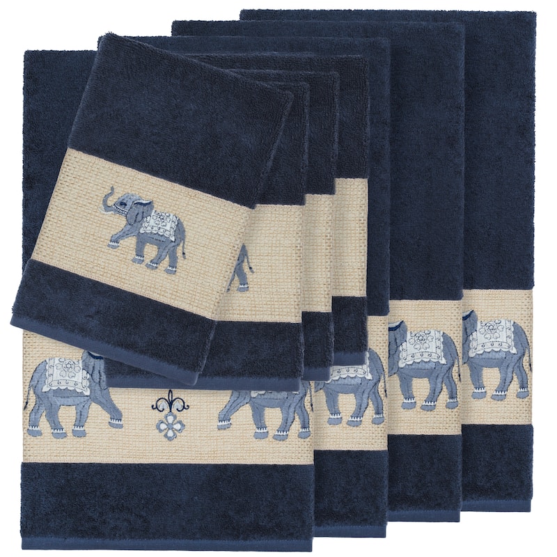 Authentic Hotel and Spa Turkish Cotton Elephants Embroidered Midnight Blue 8-piece Towel Set