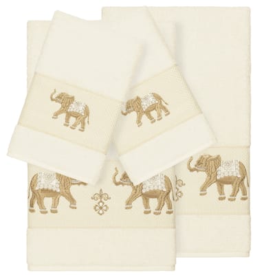 Authentic Hotel and Spa Turkish Cotton Elephants Embroidered Cream 4-piece Towel Set