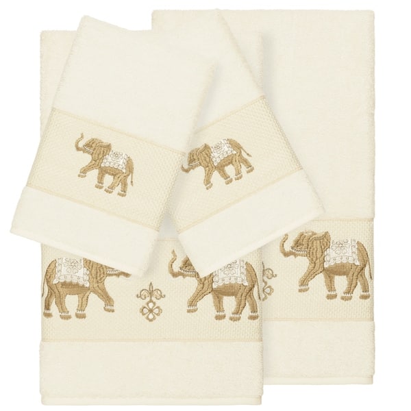 slide 2 of 2, Authentic Hotel and Spa Turkish Cotton Elephants Embroidered Cream 4-piece Towel Set