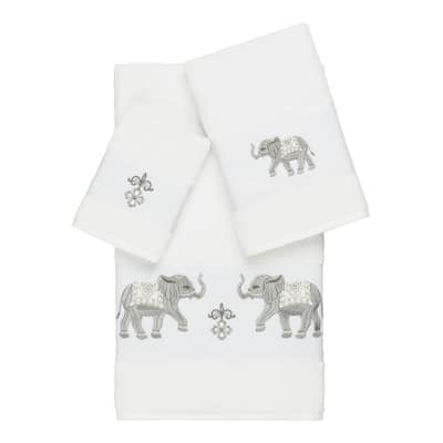 Authentic Hotel and Spa Turkish Cotton Elephants Embroidered White 3-piece Towel Set