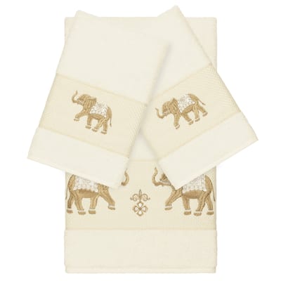 Authentic Hotel and Spa Turkish Cotton Elephants Embroidered Cream 3-piece Towel Set