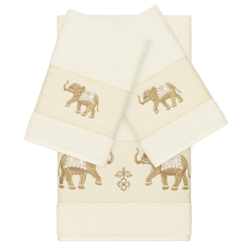 Authentic Hotel and Spa Turkish Cotton Elephants Embroidered Cream 3-piece Towel Set