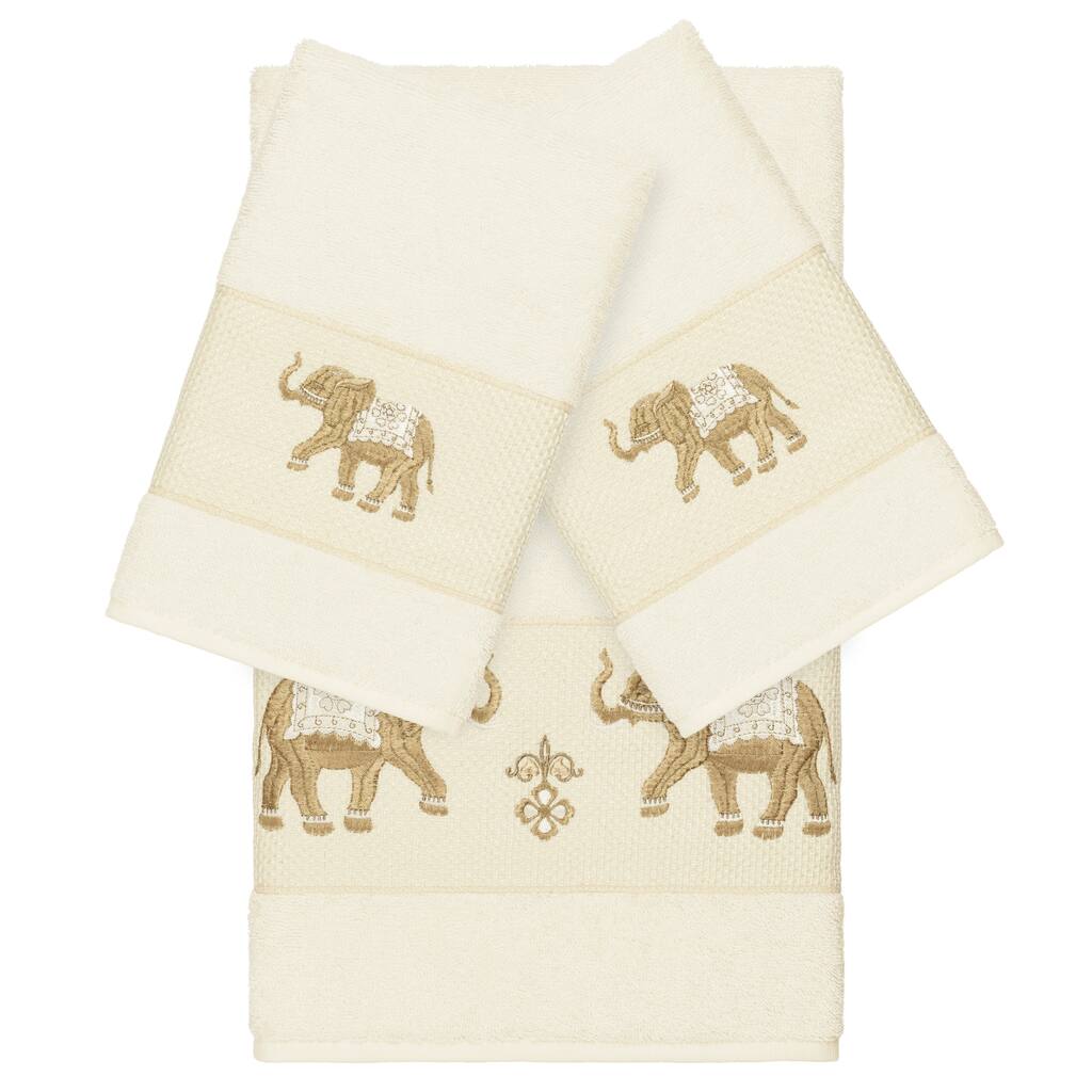 Authentic Hotel and Spa Turkish Cotton Elephants Embroidered Cream 3-piece Towel Set