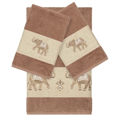 Authentic Hotel and Spa Turkish Cotton Elephants Embroidered Latte Brown 3-piece Towel Set